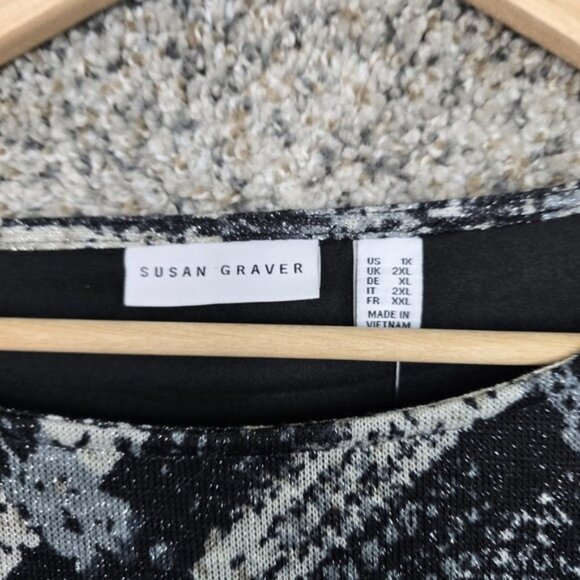 Susan Graver Top Womens Plus 1X Black Silver Scoop Neck Knit Tunic Metallic - Picture 6 of 7